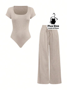Conjunto Blusa Manga Curta Com Decote E Calça Pantalona Plus Size Damasco / G Conjunto Blusa Manga Curta Com Decote E