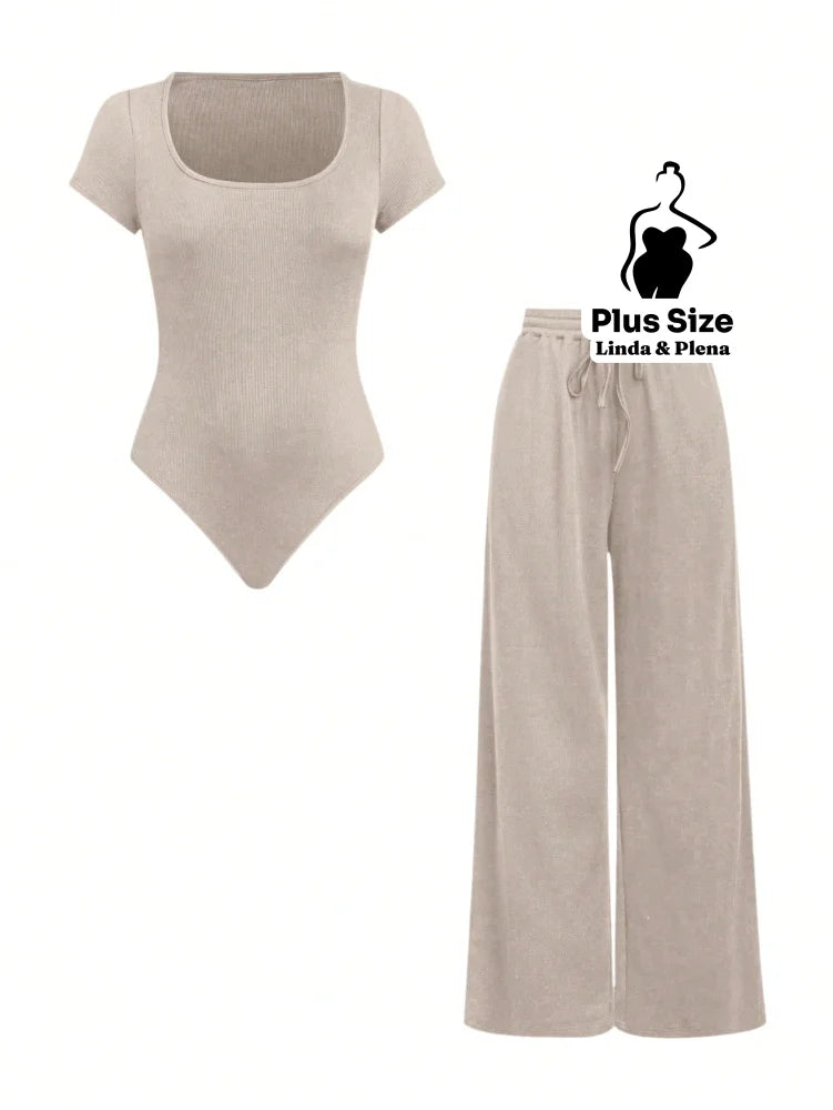Conjunto Blusa Manga Curta Com Decote E Calça Pantalona Plus Size Damasco / G Conjunto Blusa Manga Curta Com Decote E