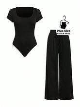Conjunto Blusa Manga Curta Com Decote E Calça Pantalona Plus Size Preto / G Conjunto Blusa Manga Curta Com Decote E