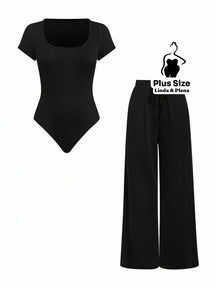 Conjunto Blusa Manga Curta Com Decote E Calça Pantalona Plus Size Preto / G Conjunto Blusa Manga Curta Com Decote E