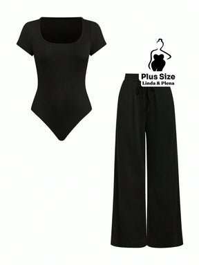 Conjunto Blusa Manga Curta Com Decote E Calça Pantalona Plus Size Preto / G Conjunto Blusa Manga Curta Com Decote E