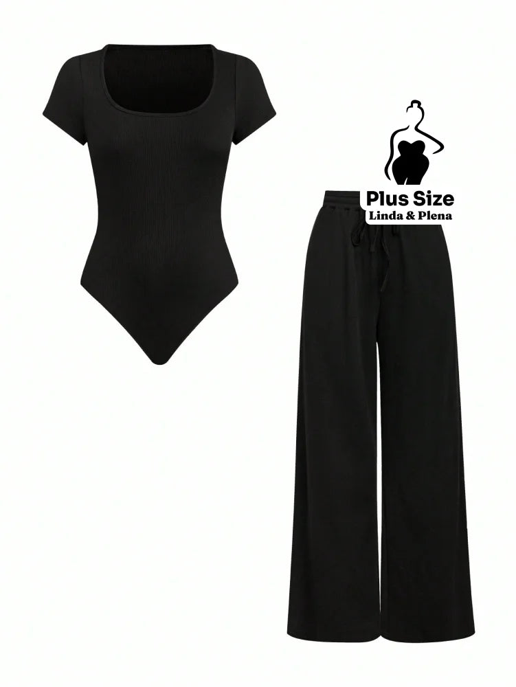 Conjunto Blusa Manga Curta Com Decote E Calça Pantalona Plus Size Preto / G Conjunto Blusa Manga Curta Com Decote E