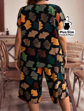 Conjunto Blusa Manga Curta Decote Calça Pantacourt Plus Size Conjunto Blusa Manga Curta Decote Calça Pantacourt Plus