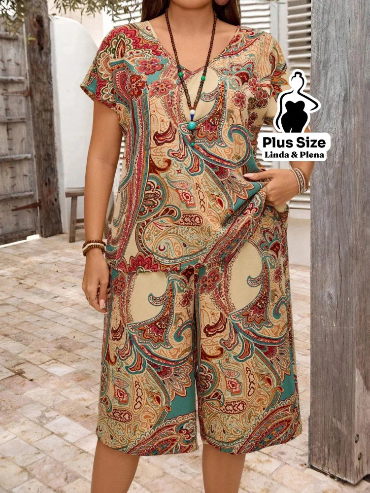 Conjunto Blusa Manga Curta Decote Calça Pantacourt Plus Size Damasco / G Conjunto Blusa Manga Curta Decote Calça