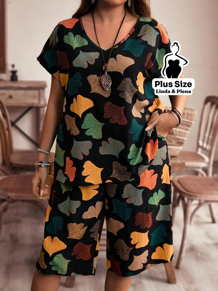 Conjunto Blusa Manga Curta Decote Calça Pantacourt Plus Size Preto / G Conjunto Blusa Manga Curta Decote Calça