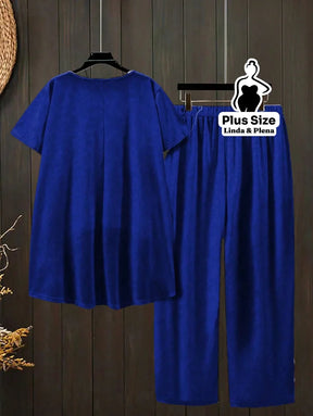 Conjunto Blusa Manga Curta Decote e Calça Cós Elástico Plus Size Conjunto Blusa Manga Curta Decote e Calça Cós Elástico