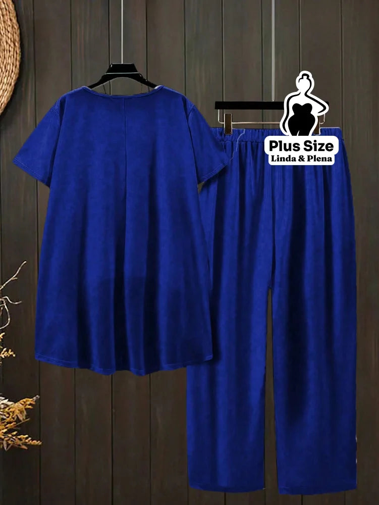 Conjunto Blusa Manga Curta Decote e Calça Cós Elástico Plus Size Conjunto Blusa Manga Curta Decote e Calça Cós Elástico