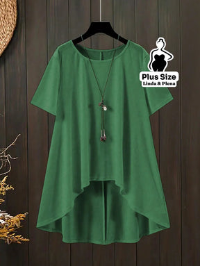 Conjunto Blusa Manga Curta Decote e Calça Cós Elástico Plus Size Conjunto Blusa Manga Curta Decote e Calça Cós Elástico