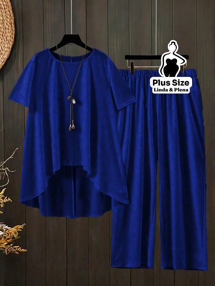 Conjunto Blusa Manga Curta Decote e Calça Cós Elástico Plus Size Azul Royal / G Conjunto Blusa Manga Curta Decote e