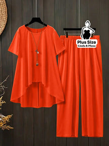 Conjunto Blusa Manga Curta Decote e Calça Cós Elástico Plus Size Laranja / G Conjunto Blusa Manga Curta Decote e Calça