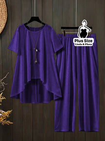 Conjunto Blusa Manga Curta Decote e Calça Cós Elástico Plus Size Roxo / G Conjunto Blusa Manga Curta Decote e Calça Cós