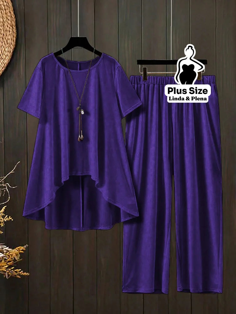 Conjunto Blusa Manga Curta Decote e Calça Cós Elástico Plus Size Roxo / G Conjunto Blusa Manga Curta Decote e Calça Cós