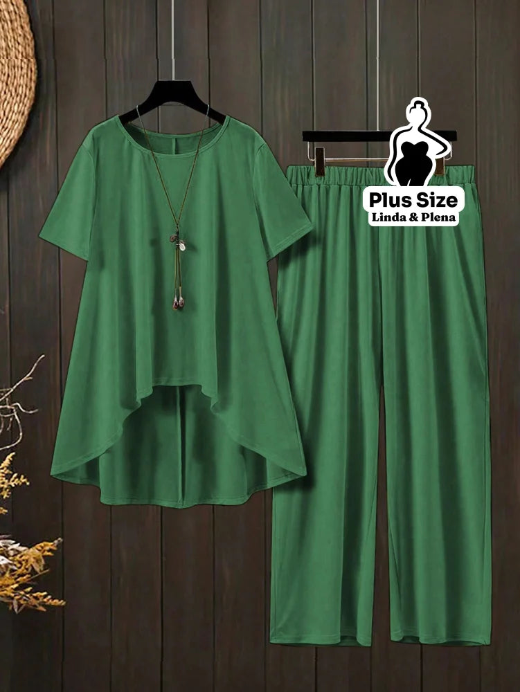 Conjunto Blusa Manga Curta Decote e Calça Cós Elástico Plus Size Verde Olivia / G Conjunto Blusa Manga Curta Decote e