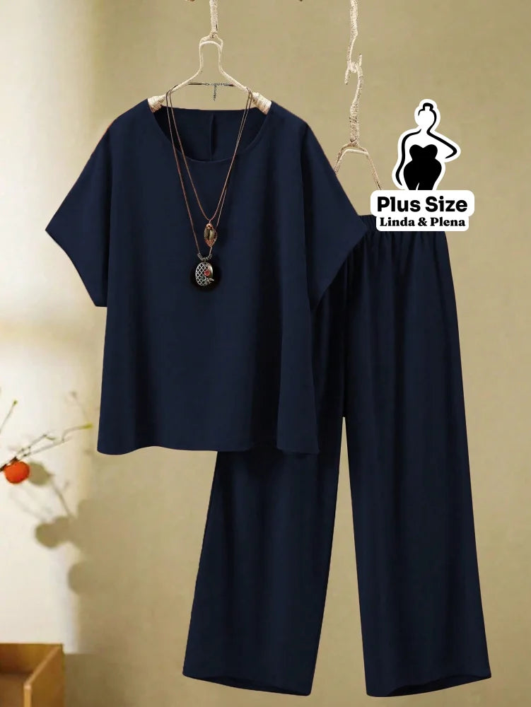 Conjunto Blusa Manga Curta Decote V Botões Calça Plus Size Azul Marinho / G Conjunto Blusa Manga Curta Decote V Botões