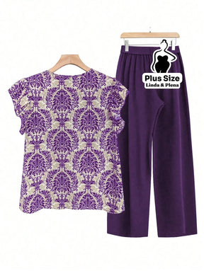 Conjunto Blusa Manga Curta Detalhe Babado Pantalona Plus Size Conjunto Blusa Manga Curta Detalhe Babado Pantalona Plus