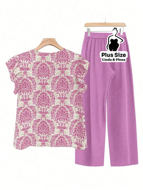 Conjunto Blusa Manga Curta Detalhe Babado Pantalona Plus Size Conjunto Blusa Manga Curta Detalhe Babado Pantalona Plus
