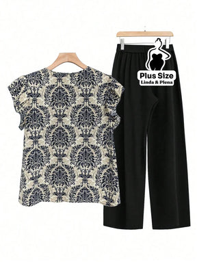 Conjunto Blusa Manga Curta Detalhe Babado Pantalona Plus Size Conjunto Blusa Manga Curta Detalhe Babado Pantalona Plus