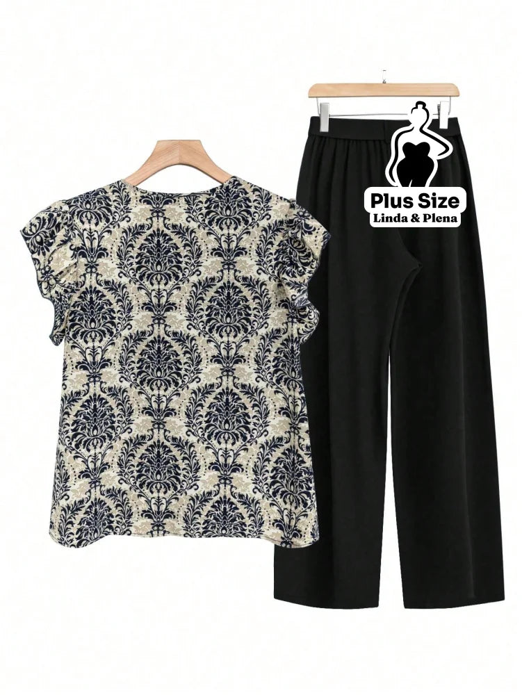 Conjunto Blusa Manga Curta Detalhe Babado Pantalona Plus Size Conjunto Blusa Manga Curta Detalhe Babado Pantalona Plus