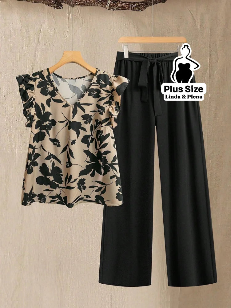 Conjunto Blusa Manga Curta Detalhe Babado Pantalona Plus Size Bege / G Conjunto Blusa Manga Curta Detalhe Babado