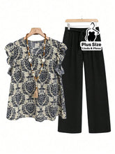 Conjunto Blusa Manga Curta Detalhe Babado Pantalona Plus Size Preto / G Conjunto Blusa Manga Curta Detalhe Babado
