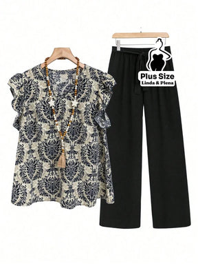 Conjunto Blusa Manga Curta Detalhe Babado Pantalona Plus Size Preto / G Conjunto Blusa Manga Curta Detalhe Babado