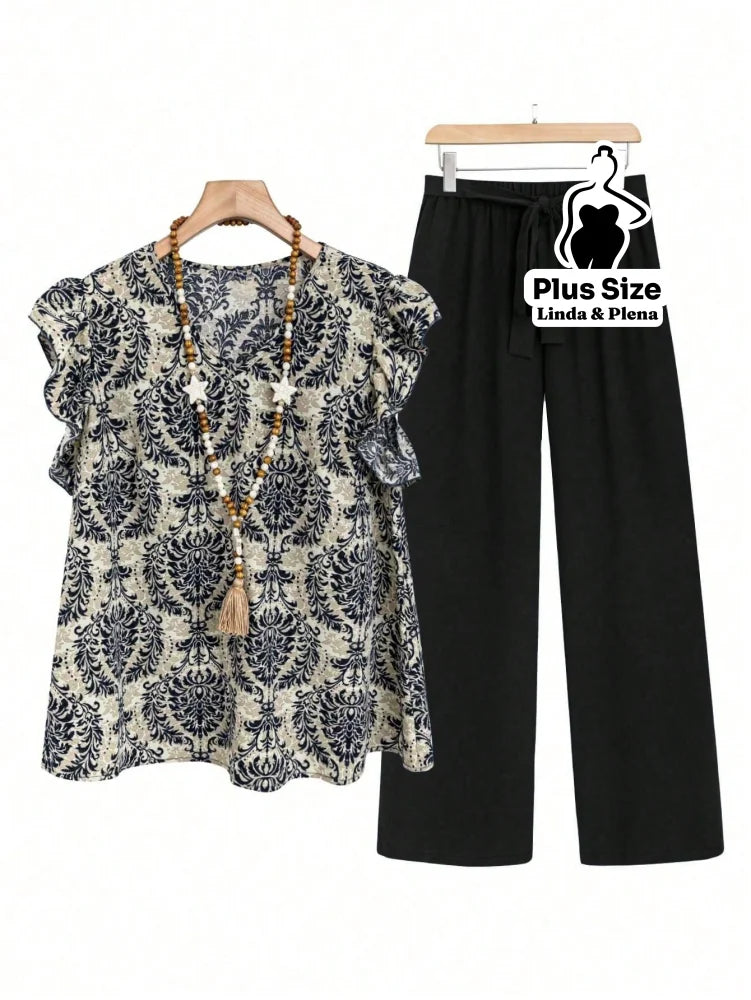 Conjunto Blusa Manga Curta Detalhe Babado Pantalona Plus Size Preto / G Conjunto Blusa Manga Curta Detalhe Babado