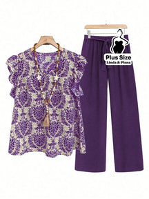 Conjunto Blusa Manga Curta Detalhe Babado Pantalona Plus Size Púrpura / G Conjunto Blusa Manga Curta Detalhe Babado