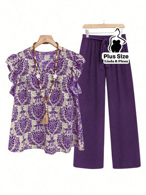 Conjunto Blusa Manga Curta Detalhe Babado Pantalona Plus Size Púrpura / G Conjunto Blusa Manga Curta Detalhe Babado