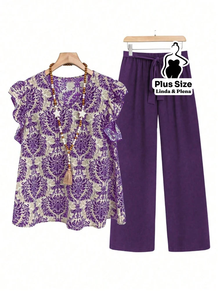 Conjunto Blusa Manga Curta Detalhe Babado Pantalona Plus Size Púrpura / G Conjunto Blusa Manga Curta Detalhe Babado