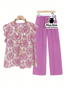 Conjunto Blusa Manga Curta Detalhe Babado Pantalona Plus Size Rosa / G Conjunto Blusa Manga Curta Detalhe Babado