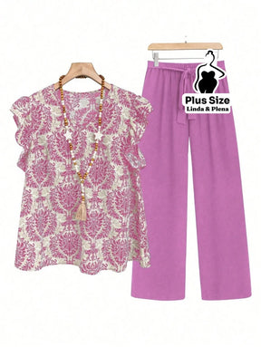 Conjunto Blusa Manga Curta Detalhe Babado Pantalona Plus Size Rosa / G Conjunto Blusa Manga Curta Detalhe Babado