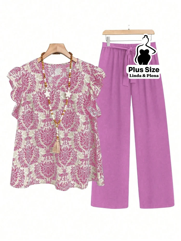 Conjunto Blusa Manga Curta Detalhe Babado Pantalona Plus Size Rosa / G Conjunto Blusa Manga Curta Detalhe Babado