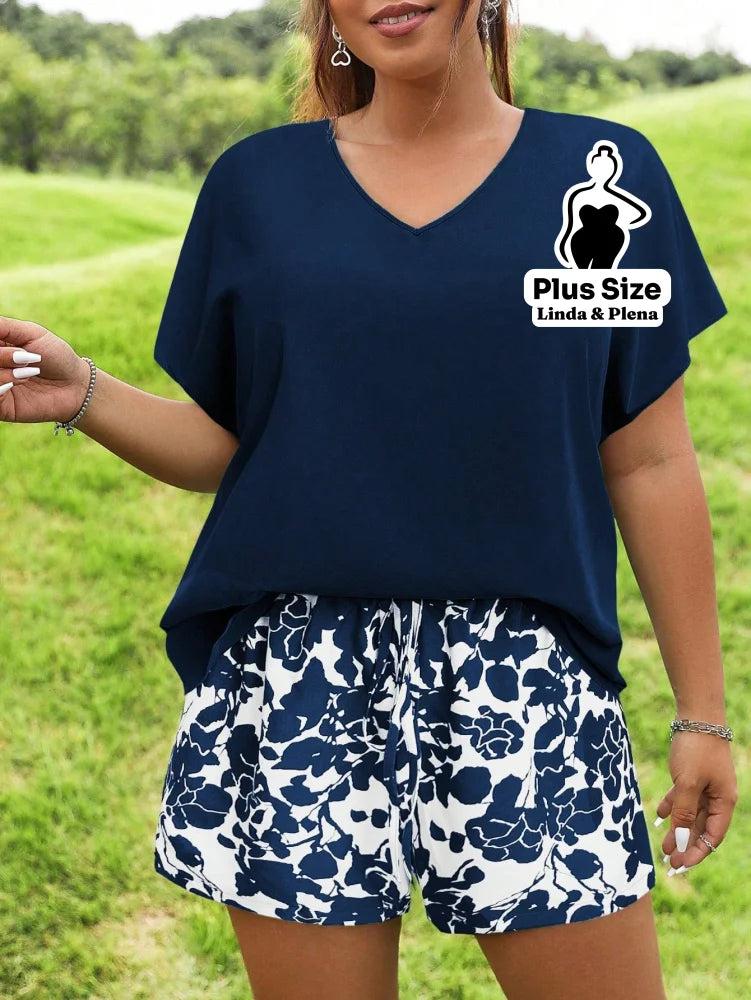Conjunto Blusa Manga Curta E Short Estampado Plus Size G Conjunto Blusa Manga Curta E Short Estampado Plus Size