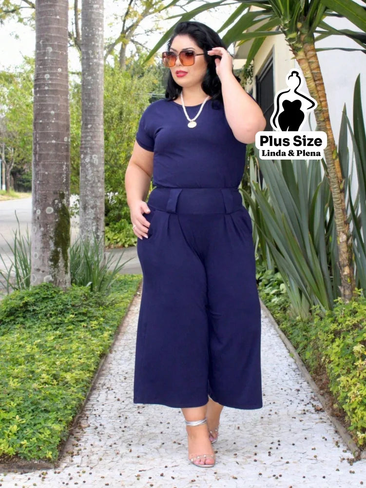 Conjunto Blusa Manga Curta Pantalona Cós Elástico Plus Size Azul Marinho / G Conjunto Blusa Manga Curta Pantalona Cós
