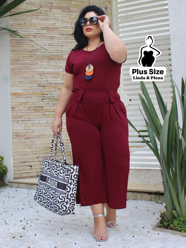 Conjunto Blusa Manga Curta Pantalona Cós Elástico Plus Size Vinho / G Conjunto Blusa Manga Curta Pantalona Cós Elástico