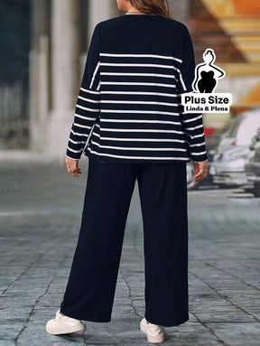 Conjunto Blusa Manga Longa Botões Calça Pantalona Plus Size Conjunto Blusa Manga Longa Botões Calça Pantalona Plus Size