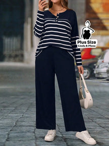 Conjunto Blusa Manga Longa Botões Calça Pantalona Plus Size Azul Marinho / G Conjunto Blusa Manga Longa Botões Calça