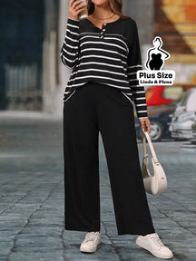 Conjunto Blusa Manga Longa Botões Calça Pantalona Plus Size Preto e Branco / G Conjunto Blusa Manga Longa Botões Calça