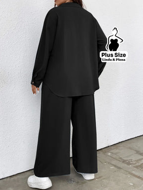 Conjunto Blusa Manga Longa Com Bolso E Calça Pantalona Plus Size Conjunto Blusa Manga Longa Com Bolso E Calça Pantalona