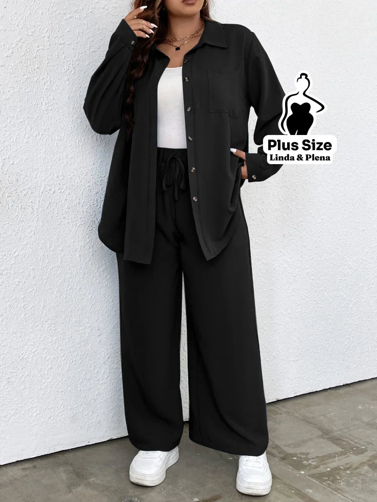 Conjunto Blusa Manga Longa Com Bolso E Calça Pantalona Plus Size Preto / G Conjunto Blusa Manga Longa Com Bolso E Calça