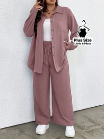 Conjunto Blusa Manga Longa Com Bolso E Calça Pantalona Plus Size Rosa Empoeirado / G Conjunto Blusa Manga Longa Com