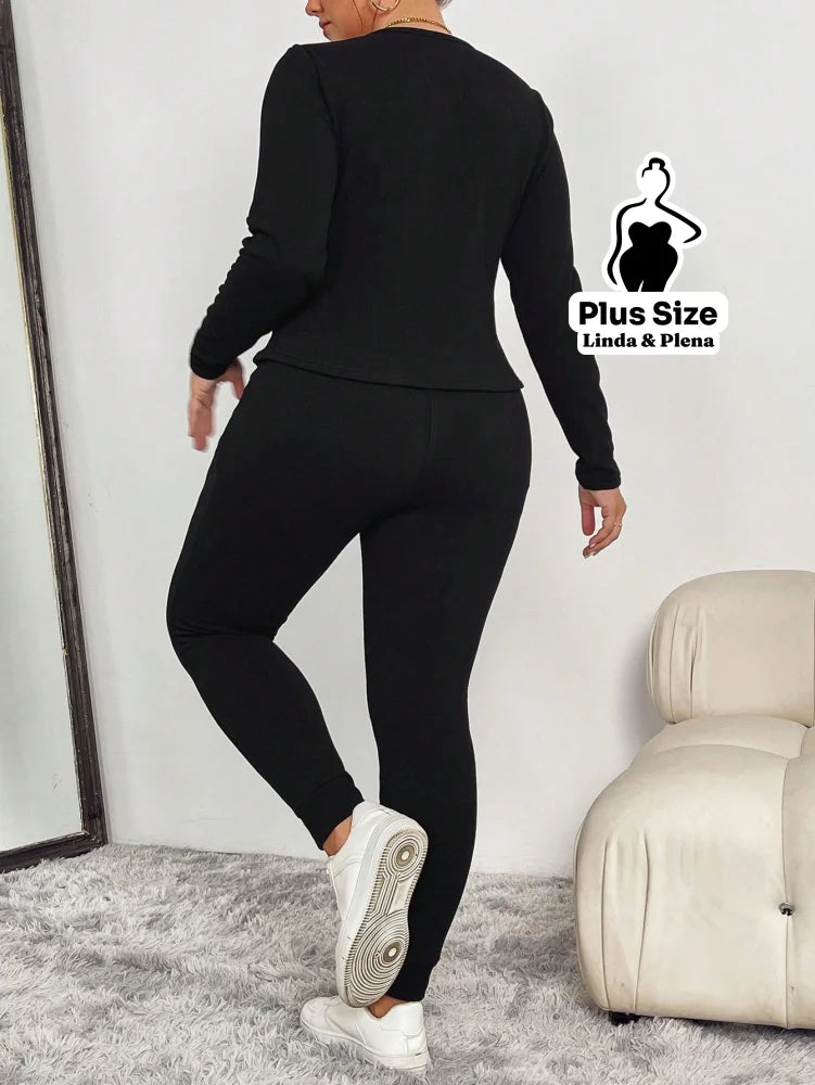 Conjunto Blusa Manga Longa Com Detalhes E Calça Térmica Plus Size Conjunto Blusa Manga Longa Com Detalhes E Calça