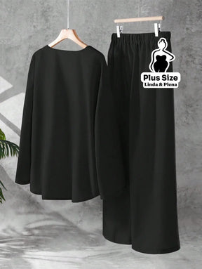 Conjunto Blusa Manga Longa Decote V Calça Pantalona Plus Size Conjunto Blusa Manga Longa Decote V Calça Pantalona Plus