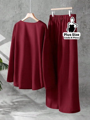 Conjunto Blusa Manga Longa Decote V Calça Pantalona Plus Size Conjunto Blusa Manga Longa Decote V Calça Pantalona Plus