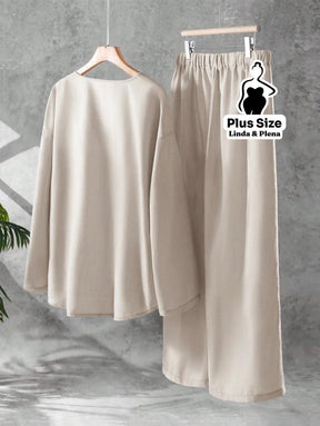 Conjunto Blusa Manga Longa Decote V Calça Pantalona Plus Size Conjunto Blusa Manga Longa Decote V Calça Pantalona Plus