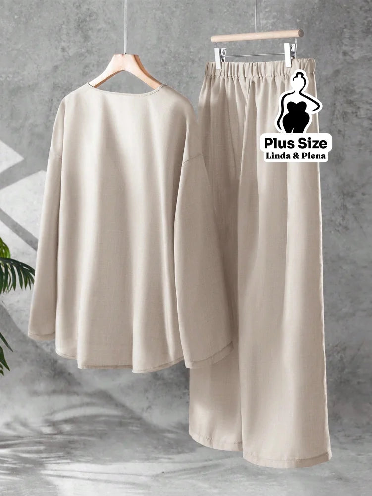 Conjunto Blusa Manga Longa Decote V Calça Pantalona Plus Size Conjunto Blusa Manga Longa Decote V Calça Pantalona Plus