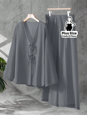 Conjunto Blusa Manga Longa Decote V Calça Pantalona Plus Size Cinza / G Conjunto Blusa Manga Longa Decote V Calça