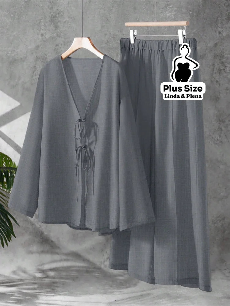 Conjunto Blusa Manga Longa Decote V Calça Pantalona Plus Size Cinza / G Conjunto Blusa Manga Longa Decote V Calça