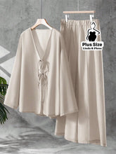 Conjunto Blusa Manga Longa Decote V Calça Pantalona Plus Size Damasco / G Conjunto Blusa Manga Longa Decote V Calça