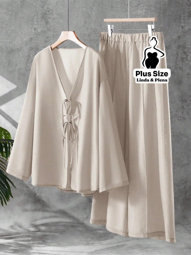 Conjunto Blusa Manga Longa Decote V Calça Pantalona Plus Size Damasco / G Conjunto Blusa Manga Longa Decote V Calça